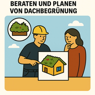 Beraten und Planen mit Dachbegrünung Schäfer Planung und Beratung für intensive Dachbegrünung und Schrägdachbegrünung: Fachberater und Kunde besprechen technische Anforderungen, Statik, Bewässerungssysteme und Aufbau der Dachbegrünung, um einen automatisierten, funktionsfähigen Dachgarten zu realisieren und die Begrünung dauerhaft sicher am Schrägdach halten und zu erhalten.